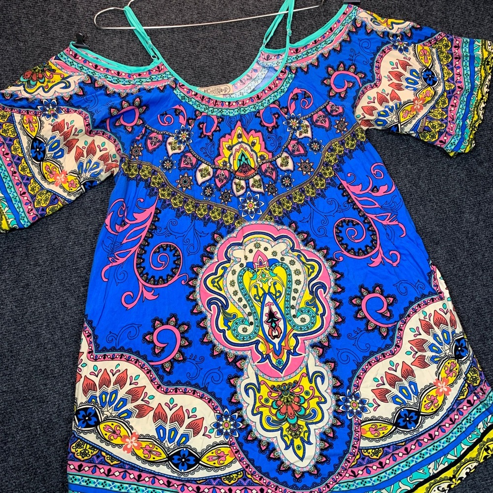 Flying Tomato Cold Shoulder Tunic Dress L Blue Paisley Gypsy 70s Psychadelic
